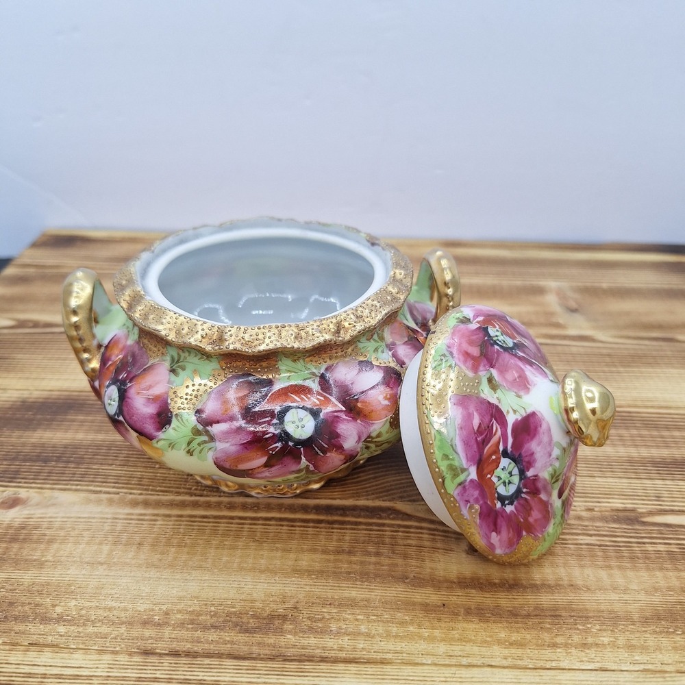 Antique Nippon Hand Painted Sugar Bowl W/ Lid Floral Moriage‎ and Gold Gilding